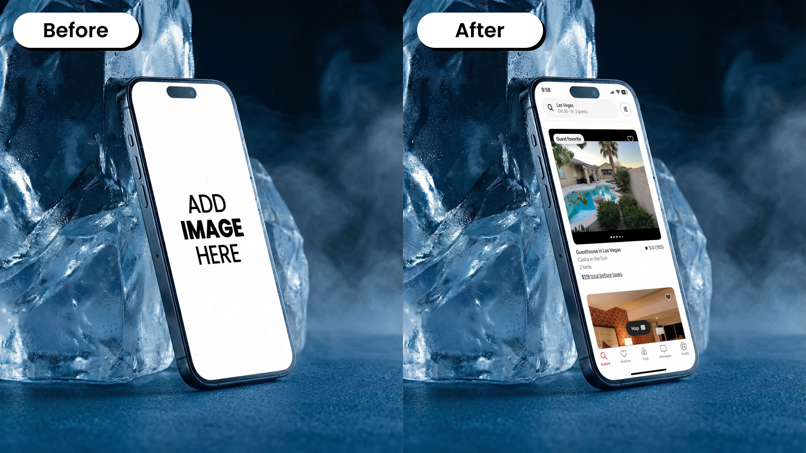 Before and after iPhone mockup template against an icy background
